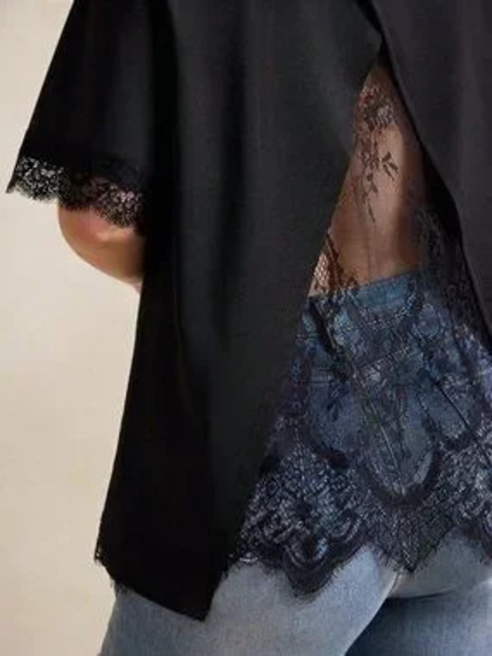 Black Casual Women's Plus Size A-Line Lace detailed blouse top